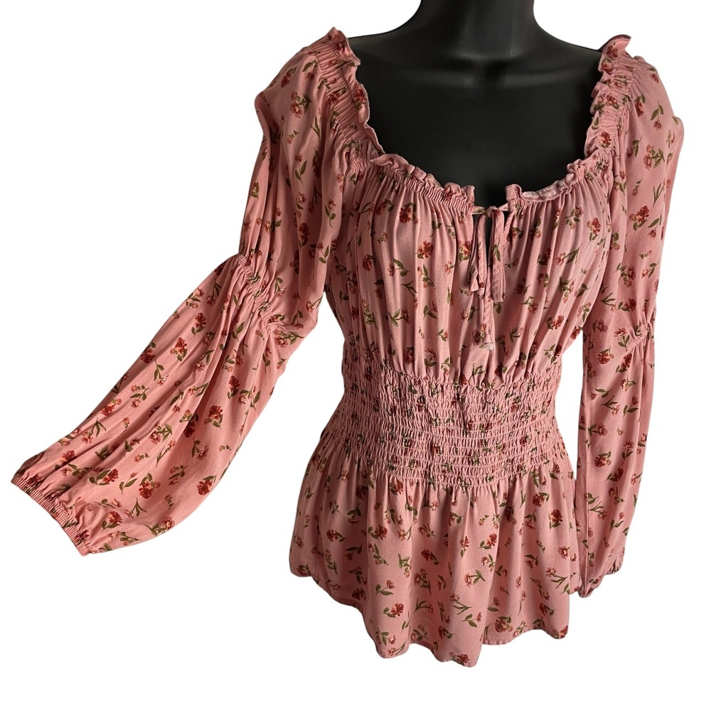 Womens Smocked Milkmaid Blouse Size S Pink Floral Cottagecore Keyhole Peplum Top